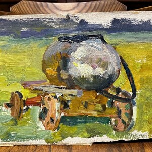 Horse Cart, Ukrainian Vintage painting by Zorko Anatoliy. Oil on Cardboard. Original Vintage Ukrainian Art.