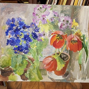 Flowers, Ukrainian Vintage painting by Vera Dovgalevskaya. Oil on Cardboard. Original Vintage Ukrainian Art.