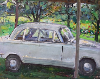 OLD CAR, Ukrainian Vintage painting by Vasily Makatuha. Oil on Cardboard. Original Vintage Ukrainian Art.