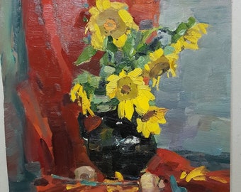 Sunflowers, Ukrainian Vintage painting by Leonid Morozov. Oil on Cardboard. Original Vintage Ukrainian Art.