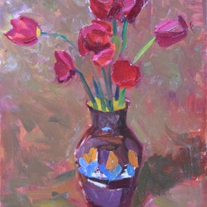 Tulips, Ukrainian Vintage painting by Vera Vladislavleva. Oil on Cardboard. Original Vintage Ukrainian Art.