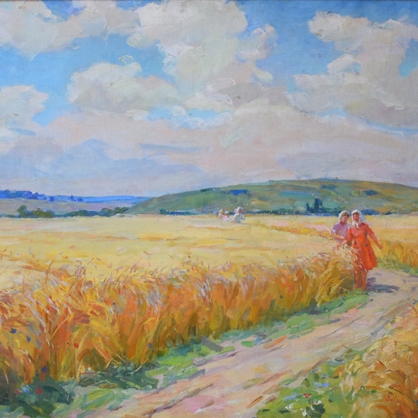 Ukraine Fields, Ukrainian Vintage painting by Natalia Zaruba-Berlyavskaya. Oil on Canvas. Original Vintage Ukrainian Art.