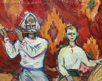 A Cossack Plays the Flute , Ukrainian Vintage painting by Vyacheslav Lavrinenko. Oil on Cardboard. Original Vintage Ukrainian Art.