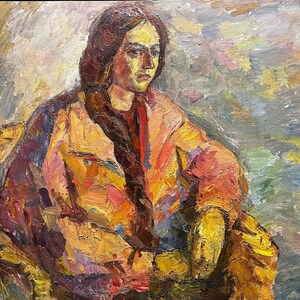 Female Portrait, Ukrainian Vintage painting by Yaroslav Lavrinenko. Oil on Cardboard. Original Vintage Ukrainian Art.