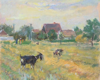 Grassland, Ukrainian Vintage painting by Vyacheslav Lavrinenko. Oil on Cardboard. Original Vintage Ukrainian Art.