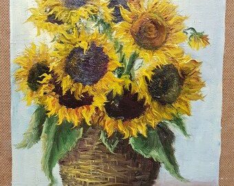 Sunflowers, Ukrainian Vintage painting by Taras Ognion. Oil on Canvas. Original Vintage Ukrainian Art.