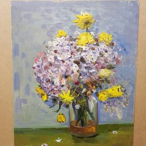 Flowers, Ukrainian Vintage painting by Ivan Tyukha. Oil on Cardboard. Original Vintage Ukrainian Art.
