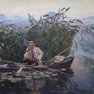 Fishing Vintage, Ukrainian Vintage painting by Unknown artist. Oil on Canvas. Original Vintage Ukrainian Art.