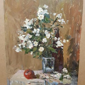Jasmine Flower, Ukrainian Vintage painting by Yaroslav Lavrinenko. Oil on Cardboard. Original Vintage Ukrainian Art.