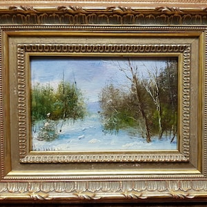 Winter, Ukrainian Vintage painting by Taras Ognion. Oil on Cardboard. Original Vintage Ukrainian Art.