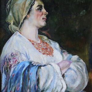 The young girl, Ukrainian Vintage painting by Mikhail Deregus. Oil on Cardboard. Original Vintage Ukrainian Art.