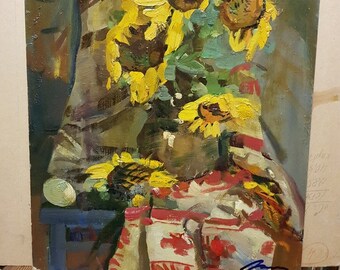 Sunflowers, Ukrainian Vintage painting by Leonid Morozov. Oil on Cardboard. Original Vintage Ukrainian Art.