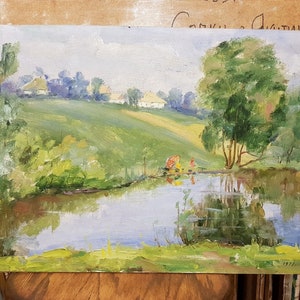 Village, Ukrainian Vintage painting by Vasily Korkishko. Oil on Cardboard. Original Vintage Ukrainian Art.