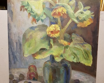 Sunflower, Ukrainian Vintage painting by Aleksey Kogekov. Oil on Cardboard. Original Vintage Ukrainian Art.