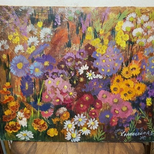 Flowers, Ukrainian Vintage painting by Anna Kholoptseva. Oil on Cardboard. Original Vintage Ukrainian Art.