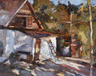 Courtyard, Ukrainian Vintage painting by Samuil Kruchakov. Oil on Cardboard. Original Vintage Ukrainian Art.