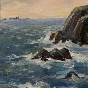 Seascape, Ukrainian Vintage painting by Gregory Shponko. Oil on Cardboard. Original Vintage Ukrainian Art.