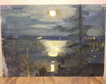 May include: A painting of a moonlit lake scene with a dark silhouette of a tree in the foreground. The water is reflecting the light of the moon, creating a shimmering effect. The sky is a dark blue with hints of purple and gray.