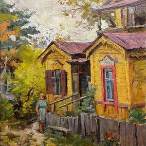 Svyatoshino Yard, Ukrainian Vintage painting by Vyacheslav Lavrinenko. Oil on Canvas. Original Vintage Ukrainian Art.