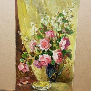 Flowers, Ukrainian Vintage painting by Vladimir Samokhin. Oil on Cardboard. Original Vintage Ukrainian Art.