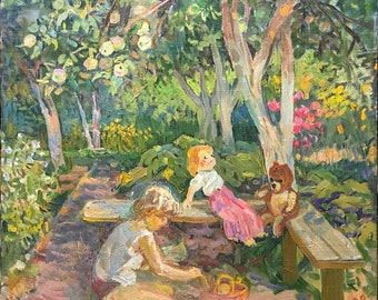 In the Garden, Ukrainian Vintage painting by Zoya Volkovinskaya. Oil on Canvas. Original Vintage Ukrainian Art.