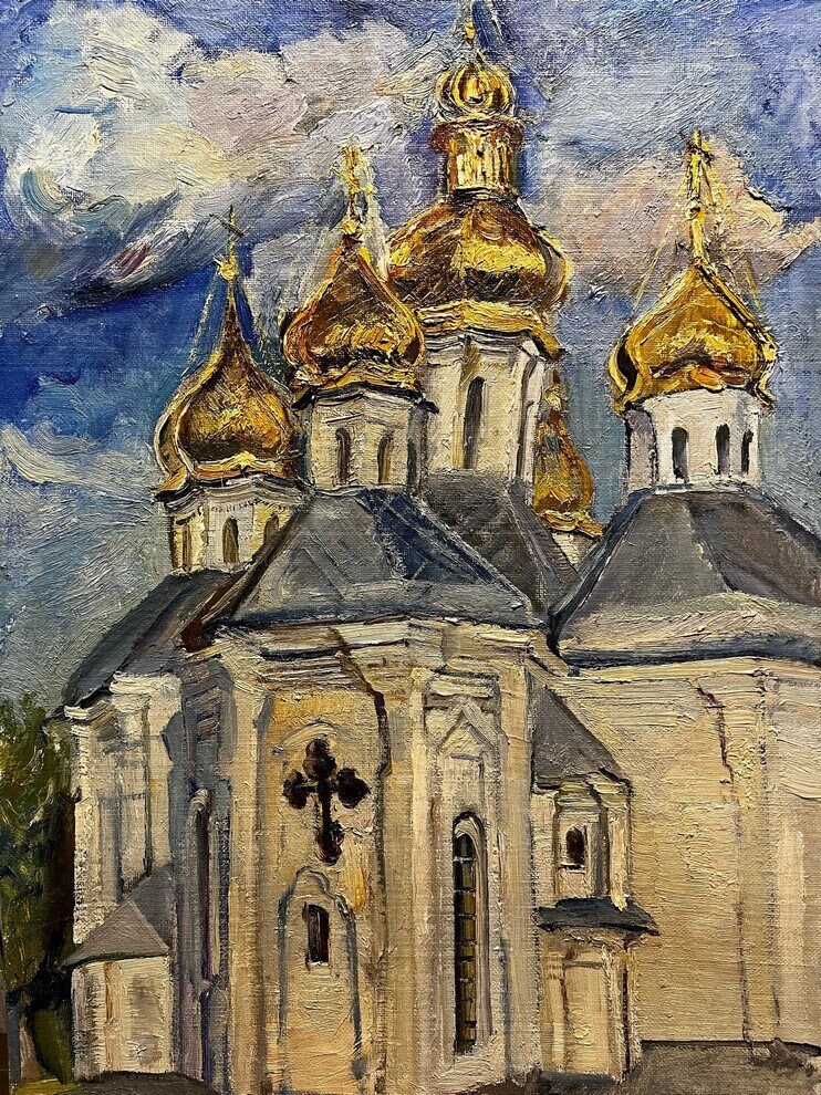 Church, Ukrainian Vintage painting by Yuriy Lutskevich. Oil on Cardboard. Original Vintage Ukrainian Art.