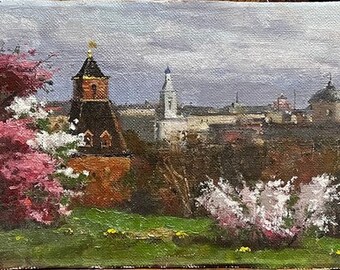 Spring in Moscow, Ukrainian Vintage painting by Kvach M.. Oil on Canvas on Cardboard. Original Vintage Ukrainian Art.