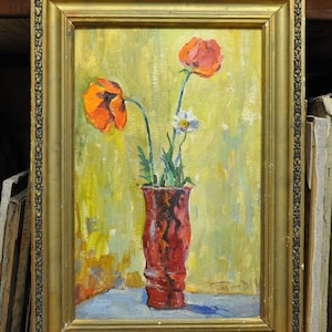 Poppies with Chamomile, Ukrainian Vintage painting by Moisey Gantman. Oil on Cardboard. Original Vintage Ukrainian Art.