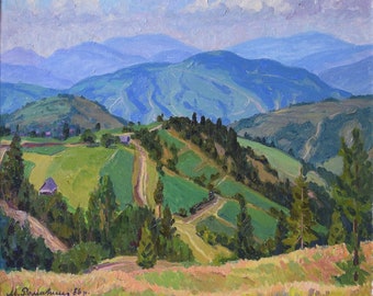 Mezhyhirya Landscape, Ukrainian Vintage painting by Mikhail Romanishin. Oil on Canvas. Original Vintage Ukrainian Art.