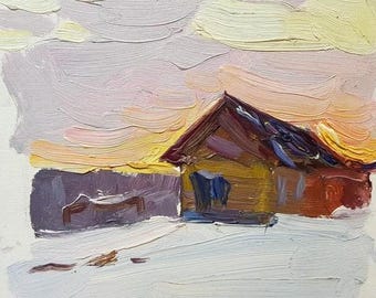 May include: A painting of a small wooden house with a brown roof against a background of a colorful sunset sky. The house is painted in a rustic style with visible brushstrokes. The sky is a mix of pink, orange, and yellow hues, creating a warm and inviting atmosphere.