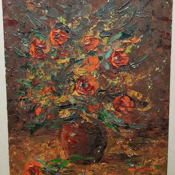 Poppies, Ukrainian Vintage painting by Petro Ignatiev. Oil on Cardboard. Original Vintage Ukrainian Art.