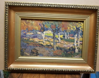 May include: An oil painting in a gold ornate frame, depicting a landscape with trees. The artwork shows trees with white trunks and colourful foliage in shades of orange, yellow, and green. The painting has a textured, impressionistic style.
