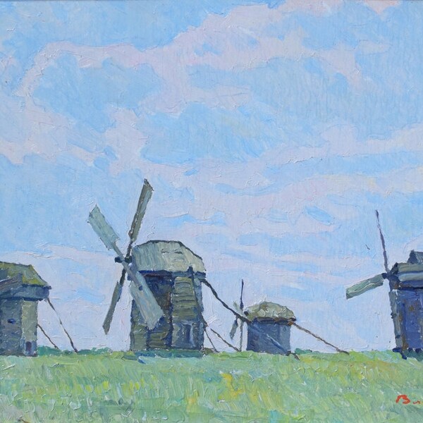 Windmills, Ukrainian Vintage painting by Vladimir Belyak. Oil on Cardboard. Original Vintage Ukrainian Art.