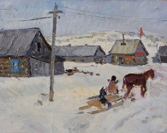 Winter in the village, Ukrainian Vintage painting by Vyacheslav Lavrinenko. Oil on Cardboard. Original Vintage Ukrainian Art.