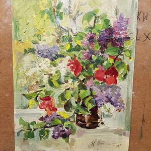 Flowers, Ukrainian Vintage painting by Nina Untilo. Oil on Cardboard. Original Vintage Ukrainian Art.