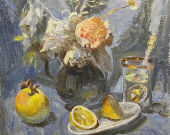 Blue Still Life, Ukrainian Vintage painting by Alexey Kozhekov. Oil on Cardboard. Original Vintage Ukrainian Art.