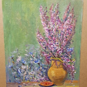 Flowers, Ukrainian Vintage painting by Ivan Tyukha. Oil on Cardboard. Original Vintage Ukrainian Art.