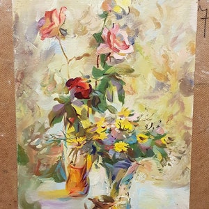 Flowers, Ukrainian Vintage painting by Edward Antohin. Oil on Cardboard. Original Vintage Ukrainian Art.
