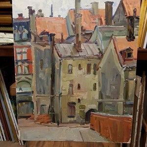 Old City, Ukrainian Vintage painting by Komunar Berkuta. Oil on Cardboard. Original Vintage Ukrainian Art.