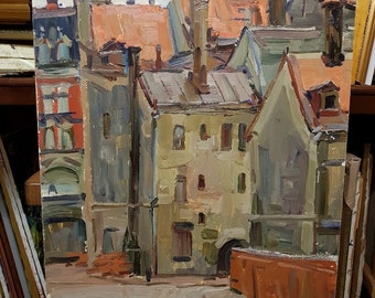 Old City, Ukrainian Vintage painting by Komunar Berkuta. Oil on Cardboard. Original Vintage Ukrainian Art.