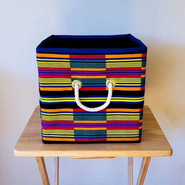 Collapsible Storage Bin | multicolor Kente stripe | African Wax Ankara | Storage Cube Organizer With Handles | Fabric Bin | Planter Cover