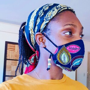 African Wax Print Beaded Adjustable Face Masks 100% cotton Reusable, Washable, Breathable Adult face mask Cloth face mask Face covering image 2