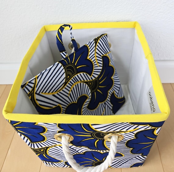 Organizer a cubo portaoggetti con manici / Cestino in tessuto / Blu/Bianco / Contenitore portaoggetti pieghevole / Stampa africana Ankara / Decorazione per la casa / Fatto a mano - Italia
