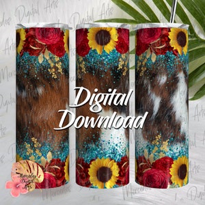 Western Sunflowers Roses Cowhide 20oz skinny straight tumbler template.  Digital Download