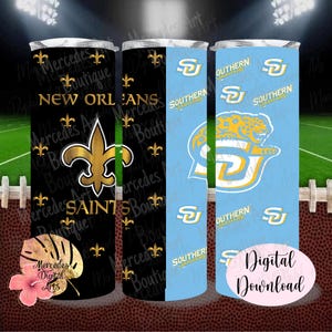 May include: Three stainless steel tumblers with team logos and text. One tumbler features the New Orleans Saints logo and text, another has the Southern Jaguars logo, and the third has the Southern Jaguars logo and text. The tumblers are decorated with gold, black, and light blue colors.