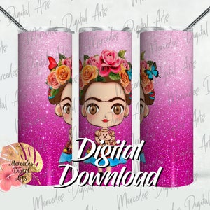 Fridita en diamantina rosa. Diseño para sublimación para vaso recto