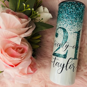 Birthday Personalized Faux Glitter Skinny Stainless Steel Tumbler Teal 21 twenty-one twenty-first