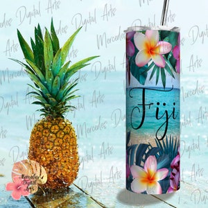 Pink Plumeria Tropical Beach Skinny Stainless Steel Tumbler Personalized