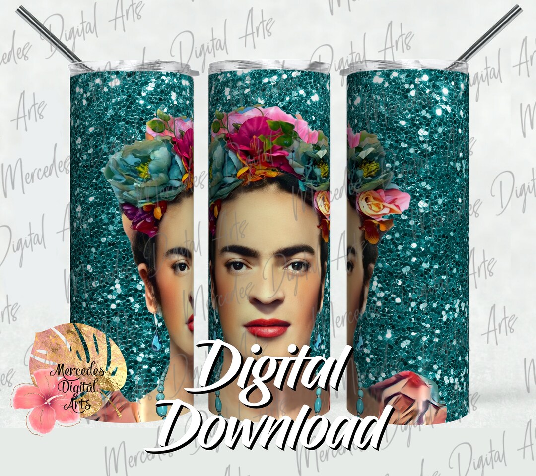 Frida Kahlo PNG Wrap. Old Fashioned Frida on Teal Glitter 20oz Skinny