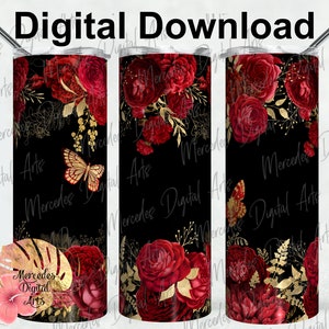Digitaler Download. Vintage Red Roses 20oz dünner gerader Becher Vorlage. Digitaler Download